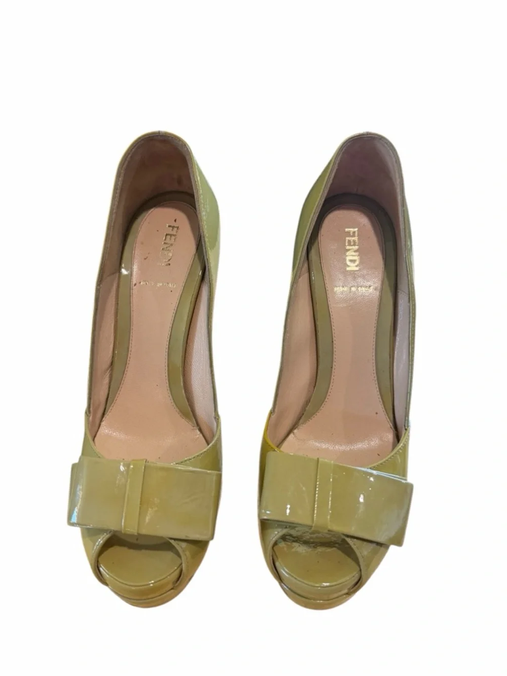 FENDI Olive Green Patent Peep-Toe Platform Pumps with Bow